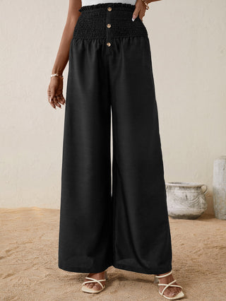 Shop High Smocked Waist Buttoned Relax Fit Long Pants Now On Klozey Store - Trendy U.S. Premium Women Apparel & Accessories And Be Up-To-Fashion!