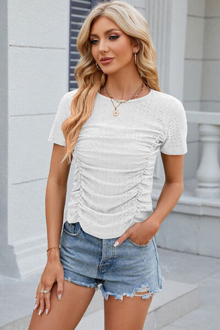 Shop Eyelet Ruched Round Neck Short Sleeve T-Shirt Now On Klozey Store - Trendy U.S. Premium Women Apparel & Accessories And Be Up-To-Fashion!