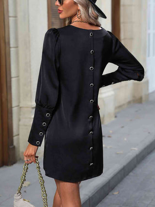 Shop Button Back Round Neck Long Sleeve Dress Now On Klozey Store - Trendy U.S. Premium Women Apparel & Accessories And Be Up-To-Fashion!