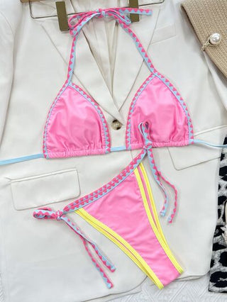 Shop Contrast Trim Halter Neck Bikini Set Now On Klozey Store - Trendy U.S. Premium Women Apparel & Accessories And Be Up-To-Fashion!