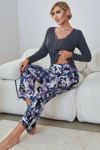 Shop V-Neck Henley Top and Floral Pants Lounge Set Now On Klozey Store - U.S. Fashion And Be Up-To-Fashion!