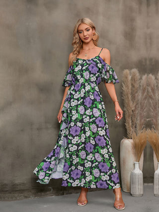 Shop Floral Spaghetti Strap Cold-Shoulder Slit Maxi Dress Now On Klozey Store - Trendy U.S. Premium Women Apparel & Accessories And Be Up-To-Fashion!