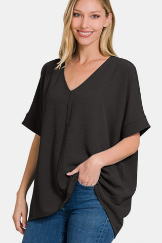 Shop Zenana Full Size V-Neck Short Sleeve Top Now On Klozey Store - Trendy U.S. Premium Women Apparel & Accessories And Be Up-To-Fashion!