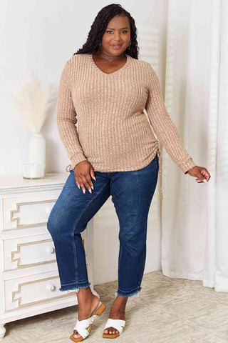 Shop Double Take Drawstring Ribbed Long Sleeve T-Shirt Now On Klozey Store - Trendy U.S. Premium Women Apparel & Accessories And Be Up-To-Fashion!