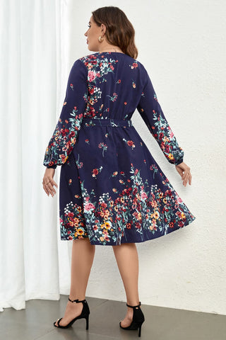 Shop Plus Size Floral Tie Waist Long Sleeve Dress Now On Klozey Store - Trendy U.S. Premium Women Apparel & Accessories And Be Up-To-Fashion!