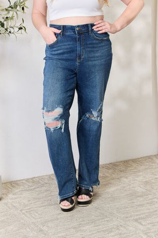 Shop Judy Blue Full Size High Waist 90's Distressed Straight Jeans Now On Klozey Store - U.S. Fashion And Be Up-To-Fashion!
