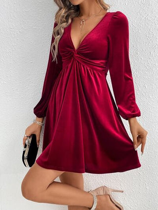 Shop Twisted V-Neck Balloon Sleeve Mini Dress Now On Klozey Store - Trendy U.S. Premium Women Apparel & Accessories And Be Up-To-Fashion!