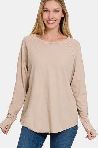 Shop Zenana Round Neck Thumbhole Long Sleeve Top Now On Klozey Store - Trendy U.S. Premium Women Apparel & Accessories And Be Up-To-Fashion!
