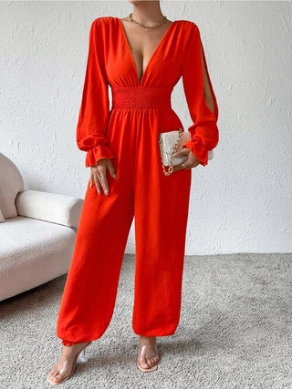 Shop Plunge Smocked Flounce Sleeve Jumpsuit Now On Klozey Store - Trendy U.S. Premium Women Apparel & Accessories And Be Up-To-Fashion!