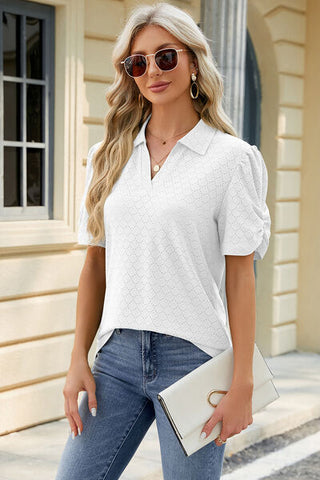 Shop Eyelet Johnny Collar Puff Sleeve Blouse Now On Klozey Store - Trendy U.S. Premium Women Apparel & Accessories And Be Up-To-Fashion!