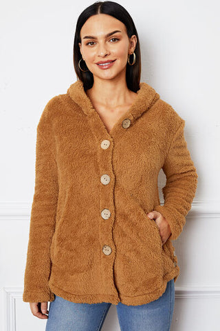 Shop Fuzzy Button Up Hooded Outerwear Now On Klozey Store - Trendy U.S. Premium Women Apparel & Accessories And Be Up-To-Fashion!