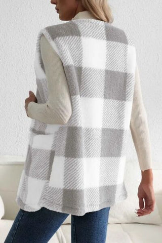 Shop Sherpa Plaid Open Front Vest Coat Now On Klozey Store - Trendy U.S. Premium Women Apparel & Accessories And Be Up-To-Fashion!