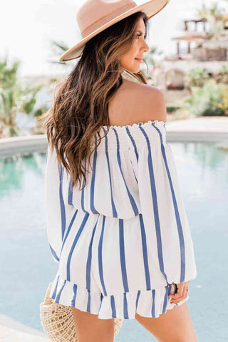 Shop Striped Off Shoulder Smocked Romper Now On Klozey Store - Trendy U.S. Premium Women Apparel & Accessories And Be Up-To-Fashion!