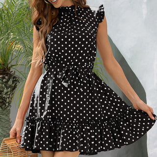 Shop Polka Dot Mock Neck Frill Trim Mini Dress Now On Klozey Store - Trendy U.S. Premium Women Apparel & Accessories And Be Up-To-Fashion!