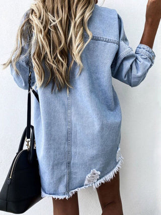 Shop Raw Hem Collared Neck Long Sleeve Denim Jacket Now On Klozey Store - Trendy U.S. Premium Women Apparel & Accessories And Be Up-To-Fashion!