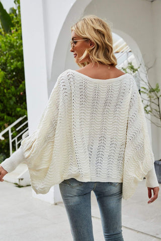 Shop Openwork Boat Neck Dolman Sleeve Sweater Now On Klozey Store - Trendy U.S. Premium Women Apparel & Accessories And Be Up-To-Fashion!