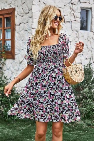 Shop Floral Square Neck Smocked Frill Trim Dress Now On Klozey Store - Trendy U.S. Premium Women Apparel & Accessories And Be Up-To-Fashion!