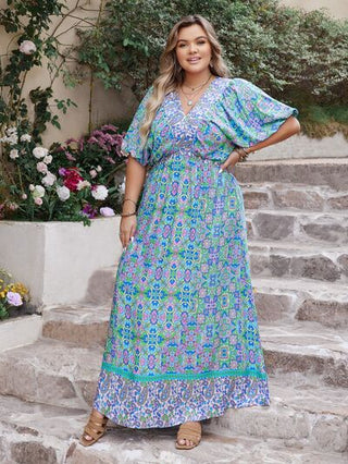 Shop Plus Size Printed V-Neck Balloon Sleeve Dress Now On Klozey Store - Trendy U.S. Premium Women Apparel & Accessories And Be Up-To-Fashion!