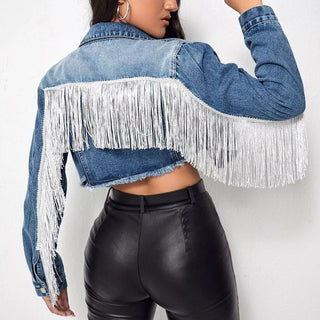 Shop Fringe Detail Long Sleeve Cropped Denim Jacket Now On Klozey Store - Trendy U.S. Premium Women Apparel & Accessories And Be Up-To-Fashion!
