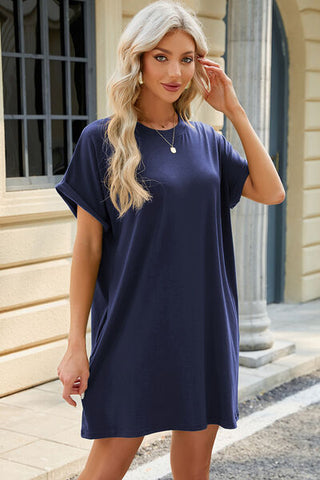 Shop Round Neck Rolled Short Sleeve Tee Dress Now On Klozey Store - Trendy U.S. Premium Women Apparel & Accessories And Be Up-To-Fashion!