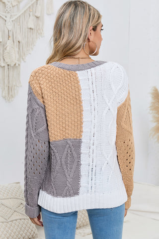 Shop Cable-Knit Openwork Round Neck Color Block Sweater Now On Klozey Store - U.S. Fashion And Be Up-To-Fashion!