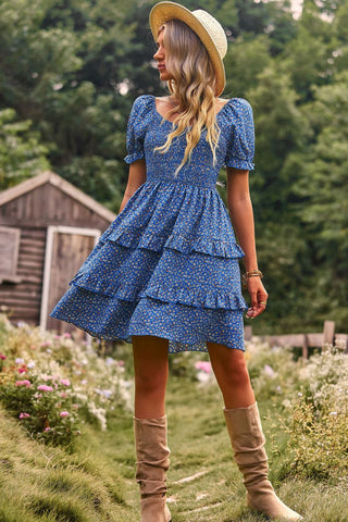 Shop Smocked Sweetheart Neck Flounce Sleeve Mini Dress Now On Klozey Store - Trendy U.S. Premium Women Apparel & Accessories And Be Up-To-Fashion!