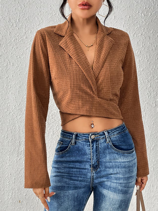 Shop Tied Collared Neck Cropped Top Now On Klozey Store - Trendy U.S. Premium Women Apparel & Accessories And Be Up-To-Fashion!