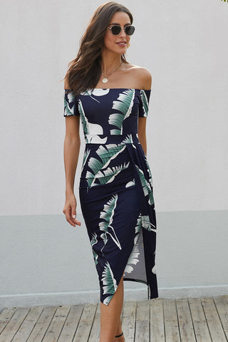 Shop Printed Off-Shoulder Split Dress Now On Klozey Store - U.S. Fashion And Be Up-To-Fashion!