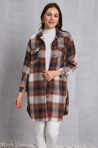 Shop Plaid Button Up Dropped Shoulder Coat with Pockets Now On Klozey Store - Trendy U.S. Premium Women Apparel & Accessories And Be Up-To-Fashion!