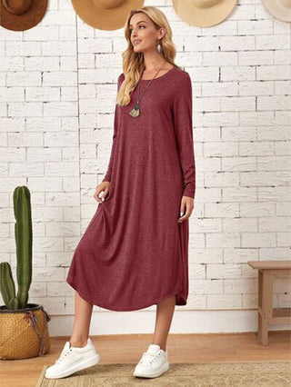 Shop Pocketed Round Neck Long Sleeve Tee Dress Now On Klozey Store - U.S. Fashion And Be Up-To-Fashion!