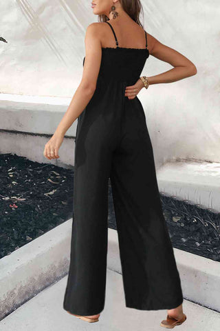Shop Spaghetti Strap Smocked Jumpsuit with Pockets Now On Klozey Store - Trendy U.S. Premium Women Apparel & Accessories And Be Up-To-Fashion!