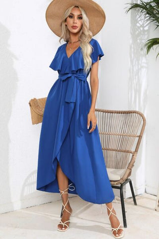 Shop Ruffled Tied V-Neck Midi Dress Now On Klozey Store - Trendy U.S. Premium Women Apparel & Accessories And Be Up-To-Fashion!