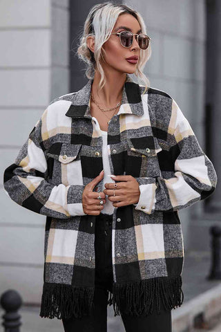 Shop Plaid Collared Neck Snap Front Jacket Now On Klozey Store - Trendy U.S. Premium Women Apparel & Accessories And Be Up-To-Fashion!