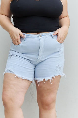 Shop RISEN Katie Full Size High Waisted Distressed Shorts in Ice Blue Now On Klozey Store - Trendy U.S. Premium Women Apparel & Accessories And Be Up-To-Fashion!