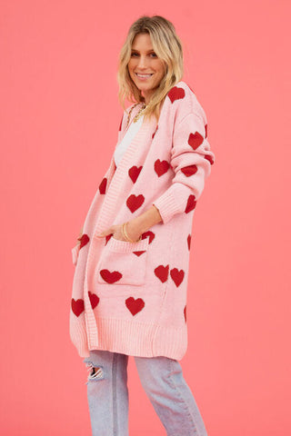 Shop Heart Graphic Open Front Cardigan with Pockets Now On Klozey Store - Trendy U.S. Premium Women Apparel & Accessories And Be Up-To-Fashion!