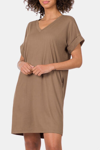 Shop Zenana Rolled Short Sleeve V-Neck Dress Now On Klozey Store - Trendy U.S. Premium Women Apparel & Accessories And Be Up-To-Fashion!