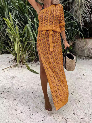 Shop Slit Openwork Single Shoulder Knit Dress Now On Klozey Store - Trendy U.S. Premium Women Apparel & Accessories And Be Up-To-Fashion!