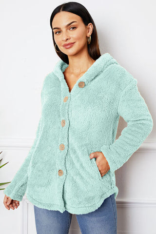Shop Fuzzy Button Up Hooded Outerwear Now On Klozey Store - Trendy U.S. Premium Women Apparel & Accessories And Be Up-To-Fashion!