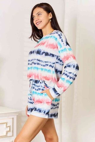 Shop Double Take Tie-Dye Dropped Shoulder Lounge Set Now On Klozey Store - Trendy U.S. Premium Women Apparel & Accessories And Be Up-To-Fashion!
