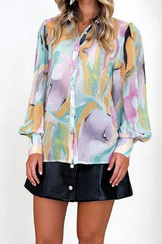 Shop Printed Button Up Lantern Sleeve Shirt Now On Klozey Store - Trendy U.S. Premium Women Apparel & Accessories And Be Up-To-Fashion!