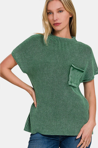 Shop Zenana Washed Mock Neck Short Sleeve Sweater Now On Klozey Store - Trendy U.S. Premium Women Apparel & Accessories And Be Up-To-Fashion!