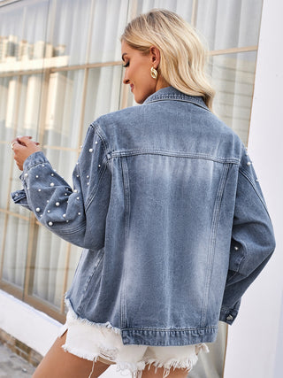 Shop Pearl Trim Raw Hem Denim Jacket Now On Klozey Store - Trendy U.S. Premium Women Apparel & Accessories And Be Up-To-Fashion!