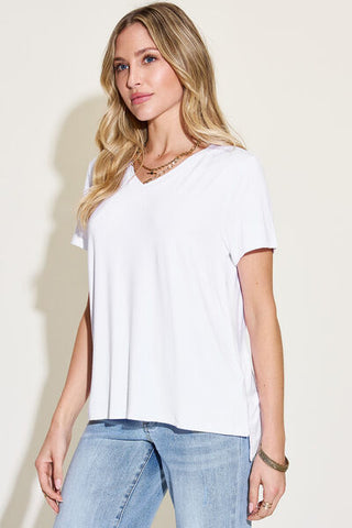 Shop Basic Bae Full Size V-Neck High-Low T-Shirt Now On Klozey Store - Trendy U.S. Premium Women Apparel & Accessories And Be Up-To-Fashion!