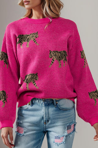 Shop Tiger Pattern Round Neck Drop Shoulder Sweater Now On Klozey Store - Trendy U.S. Premium Women Apparel & Accessories And Be Up-To-Fashion!