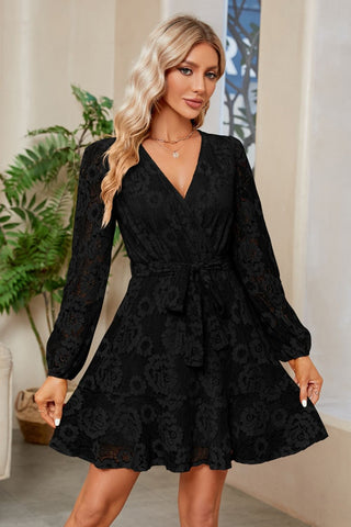 Shop Surplice Lace Long Sleeve Mini Dress Now On Klozey Store - Trendy U.S. Premium Women Apparel & Accessories And Be Up-To-Fashion!