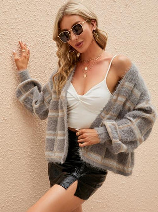 Shop Open Front Plaid Long Sleeve Cardigan Now On Klozey Store - Trendy U.S. Premium Women Apparel & Accessories And Be Up-To-Fashion!