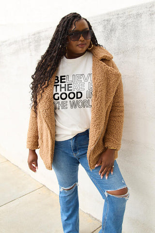 Shop Simply Love Full Size BELIEVE THERE IS GOOD IN THE WORLD Short Sleeve T-Shirt Now On Klozey Store - Trendy U.S. Premium Women Apparel & Accessories And Be Up-To-Fashion!