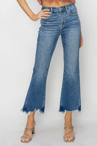 Shop RISEN High Waist Raw Hem Flare Jeans Now On Klozey Store - Trendy U.S. Premium Women Apparel & Accessories And Be Up-To-Fashion!