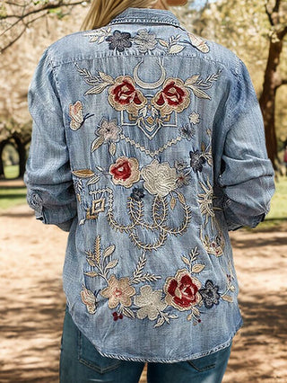 Shop Embroidered Pocketed Button Up Denim Shirt Now On Klozey Store - Trendy U.S. Premium Women Apparel & Accessories And Be Up-To-Fashion!