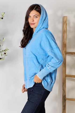 Shop Zenana Half Snap Long Sleeve Hoodie with Pockets Now On Klozey Store - Trendy U.S. Premium Women Apparel & Accessories And Be Up-To-Fashion!